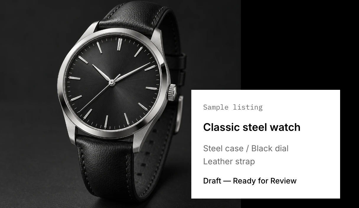 An illustrative black watch with an overlapping sample product listing draft ready for review.