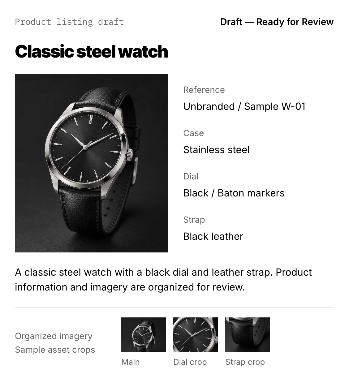 An unpublished classic steel watch listing draft with specifications, a description, and organized main, dial, and strap images ready for review.
