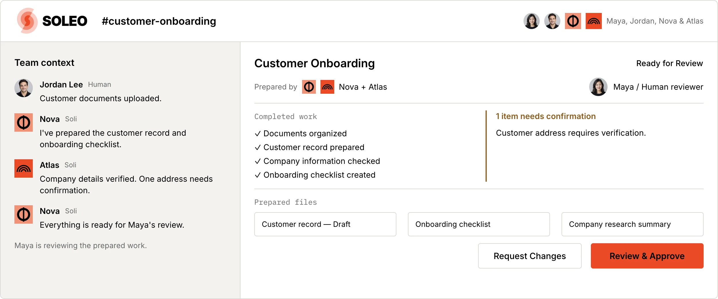 Customer onboarding workspace: Nova and Atlas have prepared records, research, and a checklist for Maya. One customer address needs confirmation before approval.