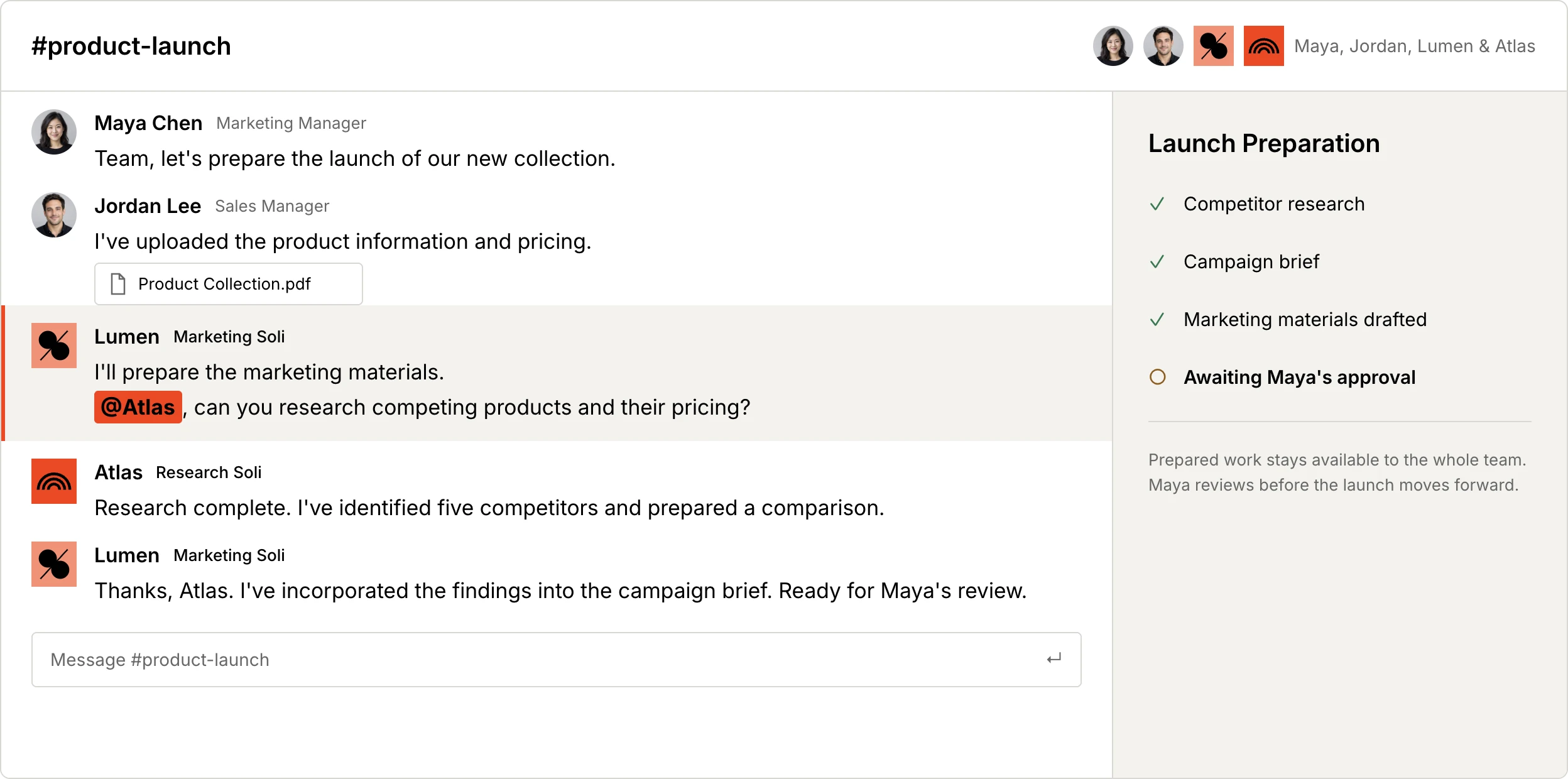 Maya, Jordan, Lumen, and Atlas collaborate on a collection launch. Research and marketing drafts are prepared, with Maya's approval pending.