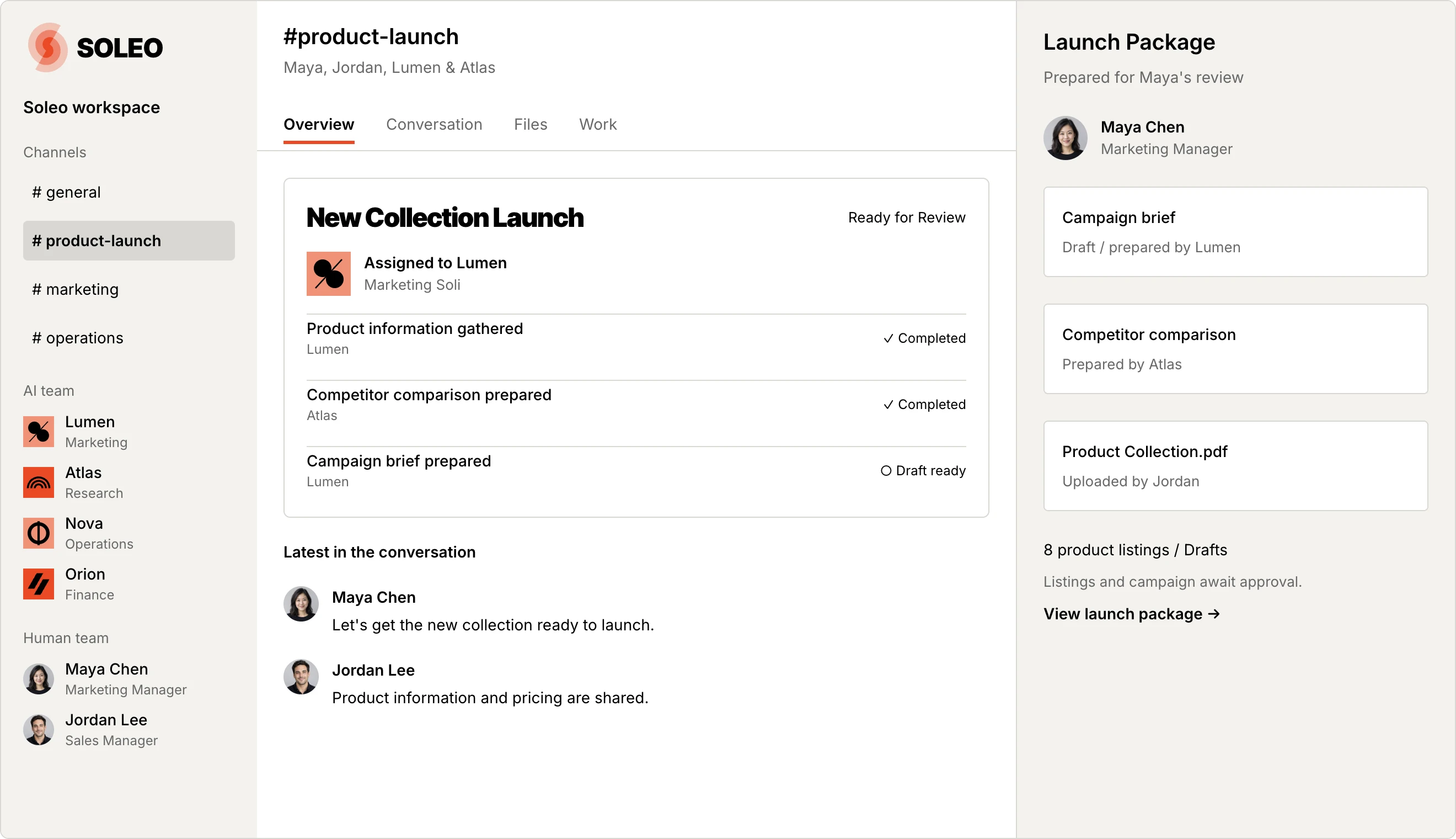 SOLEO product-launch workspace with a shared team, prepared launch tasks, and a launch package awaiting Maya's review.